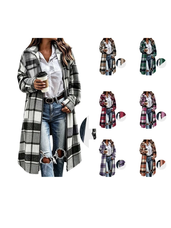 Long Plaid Cardigan for Women Zip Up Long Sleeve Collar Flannel Cardigan Loose Casual Shacket Jacket