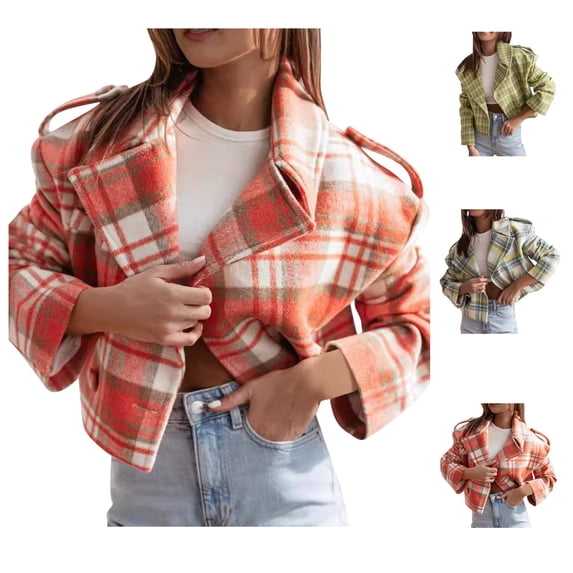 Brqkzdu Plaid Shacket Jacket Women Cropped Long Sleeve Collared Flannel Button Down Shirts Lighweight Loose Comfy Casual Coat