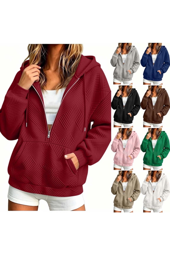 Quarter Zip Pullover Long Sleeve Texture Hoodies Sweatshirt Fall Loose Fitting Oversized Hooded Sweatshirt with Pocket