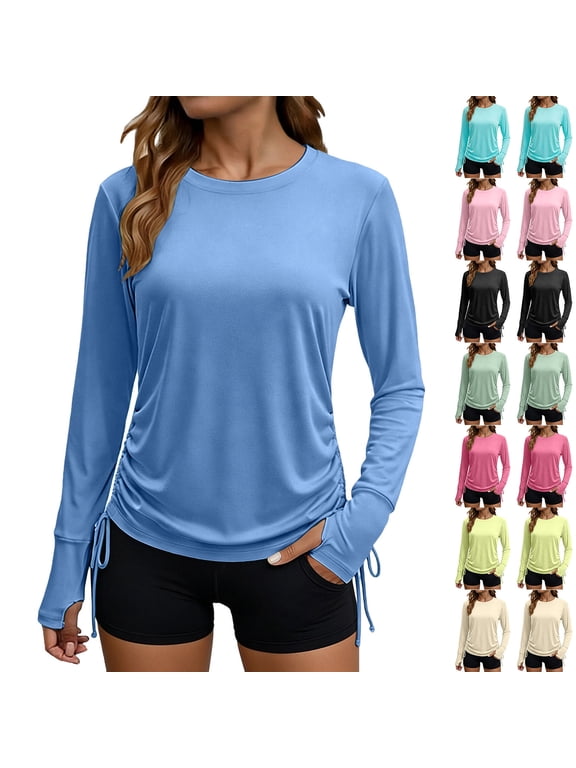 Shirts for Women Long Sleeve Crew Neck Casual Tops Lightweight Side Drawstring Loose Comfy Tunic Blouse