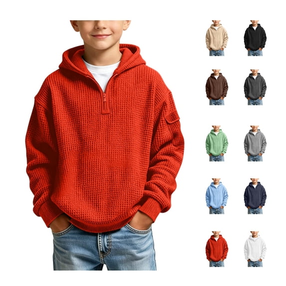 Brqkzdu Waffle Quarter Zip Pullover for Boys Drop Long Sleeve Casual Oversized Hoodies Lightweight Loose Comfy Hooded Sweatshirt for 7 Years