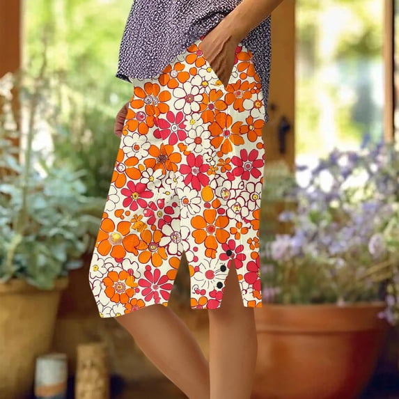 Brqkzdu Women Bermuda Shorts Mid Rise Floral Print Casual Knee Length Shorts Comfy Straight Leg Side Split Button Lounge Shorts with Pockets