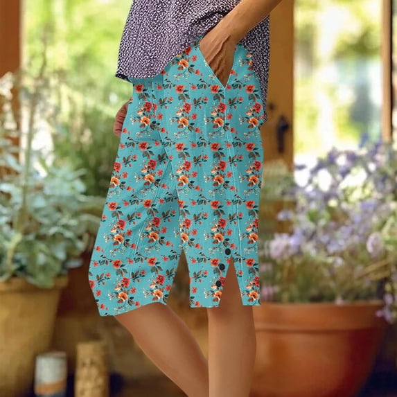 Brqkzdu Women Bermuda Shorts Mid Rise Floral Print Casual Knee Length Shorts Comfy Straight Leg Side Split Button Lounge Shorts with Pockets