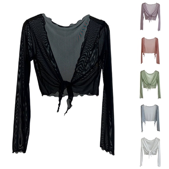 Brqkzdu Women Cropped Bolero Shrug Open Front Tie Long Sleeve Cardigans Summer Sheer Mesh Beach Vacation Cover Up