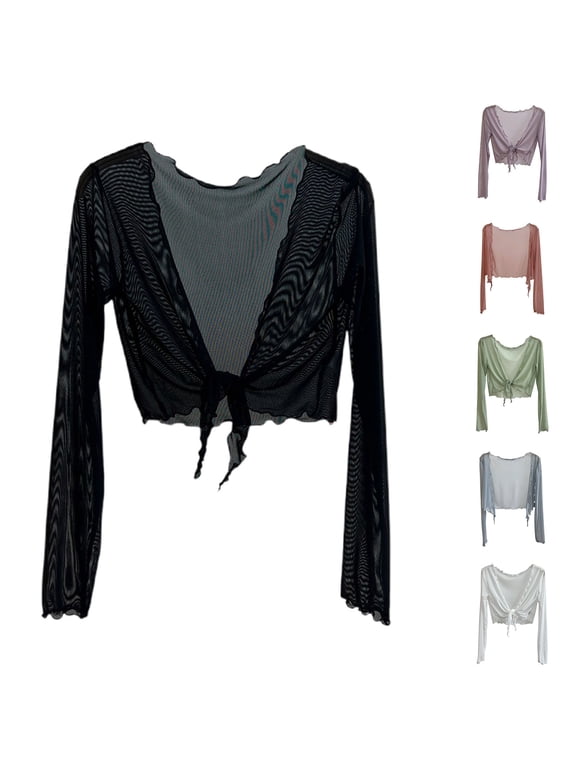 Women Cropped Bolero Shrug Open Front Tie Long Sleeve Cardigans Summer Sheer Mesh Beach Vacation Cover Up