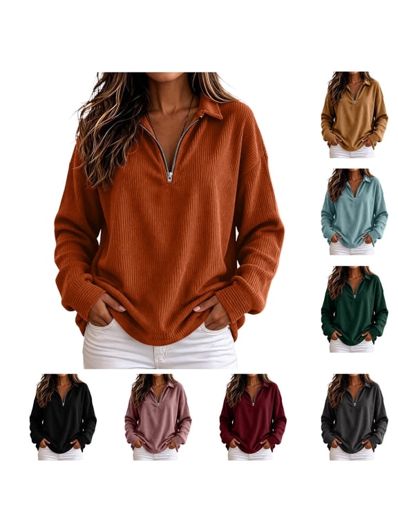 Women Ribbed Long Sleeve Shirts for Women Collar V Neck Quarter Zip Pullover Lightweight Loose Fit Soft Comfy Tunic Tops