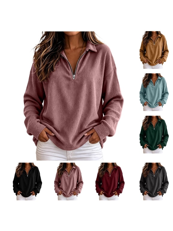 Women Ribbed Long Sleeve Shirts for Women Collar V Neck Quarter Zip Pullover Lightweight Loose Fit Soft Comfy Tunic Tops