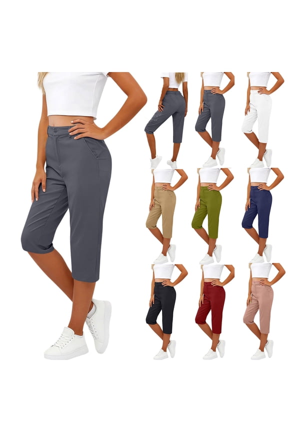 Women's Capri Pants Summer Mid Rise Casual Cropped Pant Loose Lightweight Breathable Work Capris with Pockets