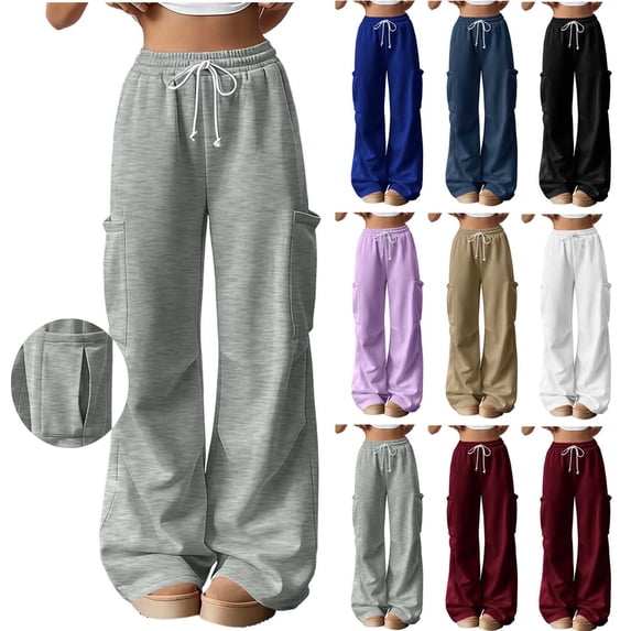 Brqkzdu Women's Cargo Sweatpants Lightweight Elastic Waist Drawstring Wide Leg Sweatpant Loose Lounge Gym Running Sweat Pants with Pockets