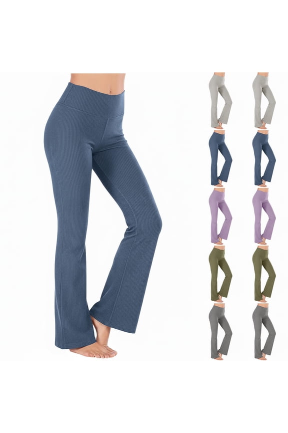 Women's Ribbed Flare Yoga Pants High Waist Flare Leggings Stretchy Casual Bell Bottoms Workout Soft Bootcut Leggings