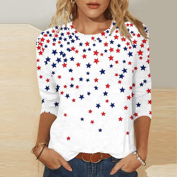 Brqkzdu Womens 4th of July Shirt 3/4 Length Sleeve Summer Tshirts USA Flag Star Stripes Graphic Tee Independence Day Patriotic Casual Tops