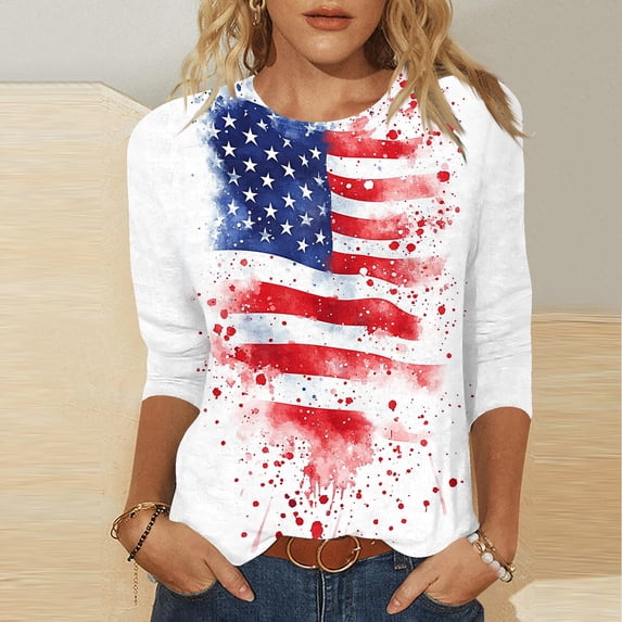 Brqkzdu Womens 4th of July Shirt 3/4 Length Sleeve Summer Tshirts USA Flag Star Stripes Graphic Tee Independence Day Patriotic Casual Tops