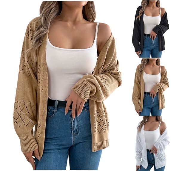 Brqkzdu Womens Crochet Knit Cardigan Sweaters Open-Front Long Sleeve Sweater Cardigan Loose Hollow Out Casual Fall Cardigans Tops