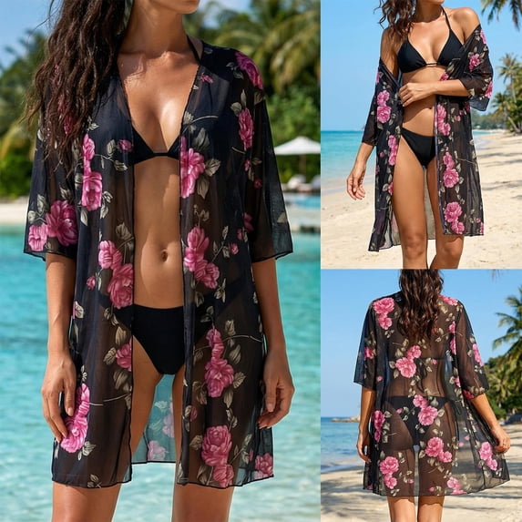Brqkzdu Womens Swim Suit Cover Up Open Front Half Sleeve Printing Sheer Long Cardigans Summer Lightweight Loose Fit Coverups