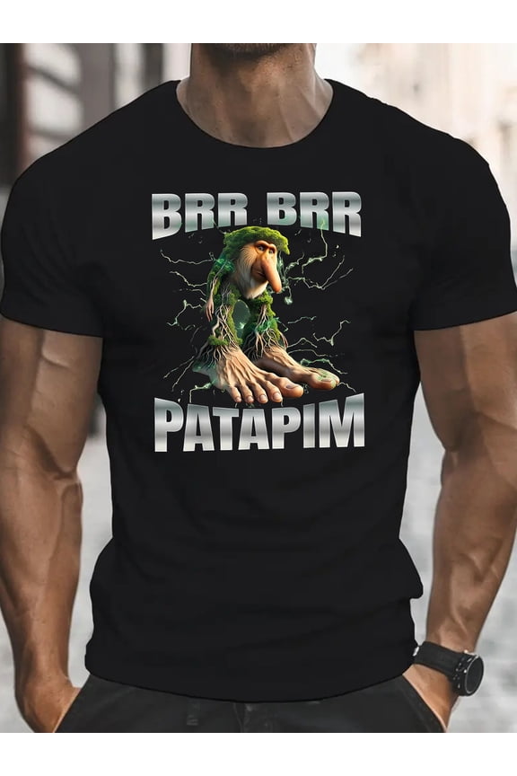 Brr Brr Patapim Men's Humorous Pop Culture Graphic T-Shirt - Retro Cartoon Design, Black Round Neck Short Sleeve, Machine Washable Summer Casual Tee, Fun Gift for Adults, Vintage Tshirt