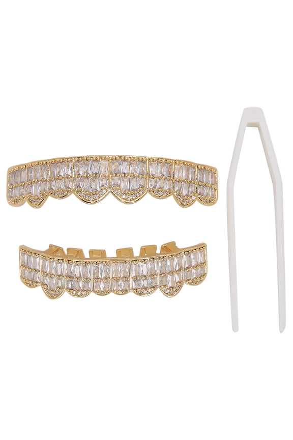 Brrnoo 2Pc Fashion Gold Plated/ Hip Hop Teeth Grillz Top & Bottom Grill Set