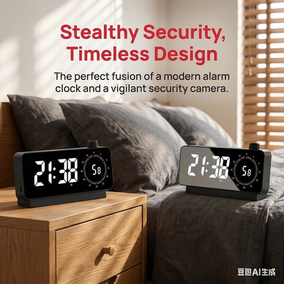 Brscefsir 1080P WiFi Digital Clock Security Camera, USB Powered, Night Vision, Motion Alerts, Cloud Storage, Micro SD up to 128GB