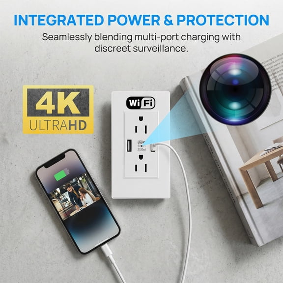Brscefsir Wall Outlet Camera with Dual USB Ports, 4K Indoor Security Camera, Live Streaming Support, WiFi Remote Viewing, Motion Detection, Push Alerts, 120 Wide Angle, White