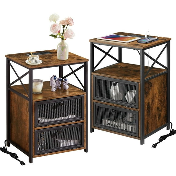 Brtye End Table Set of 2 with USB Ports and Outlets,24Inch Nightstands with Charging Station and Storage Shelf for Bedroom,Living Room