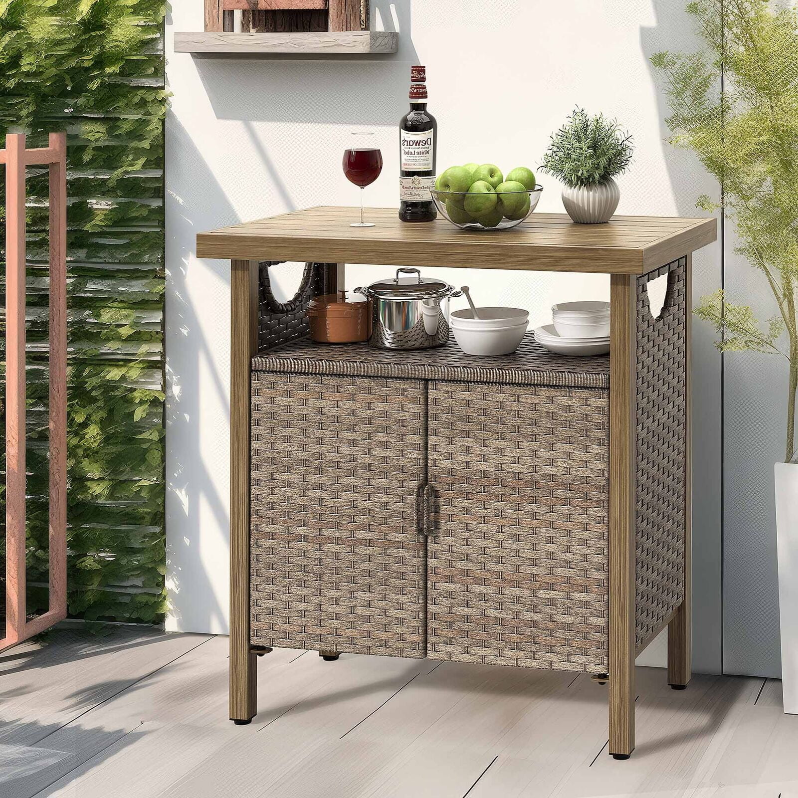 Brtye Outdoor Storage Cabinet, Patio Bar Table with Two Doors and Shelves, Weatherproof Wicker ...