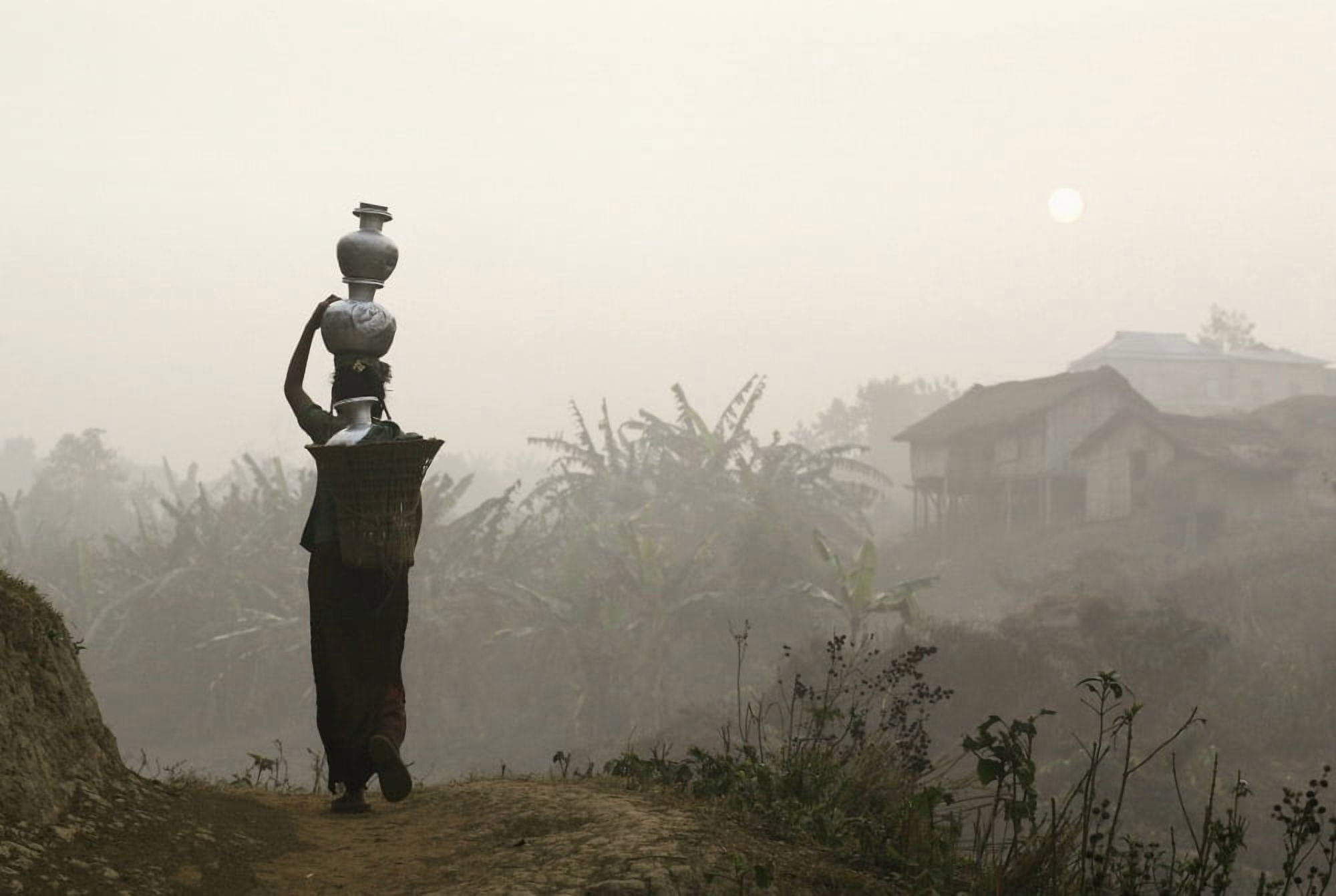 Bru Tribeswoman Carrying Water Pots On Her Head At Sunrise Canvas Art - Timothy Allen Design Pics (34 x 22)