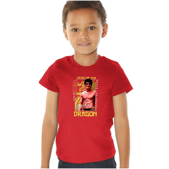 Bruce Lee Framed Year of the Dragon Kids T Shirt (3) for Youth Toddler Boys and Girls, Red