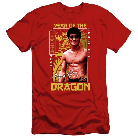 Bruce Lee Framed Year of the Dragon Slim Fit Unisex Adult T Shirt ,Red, Large