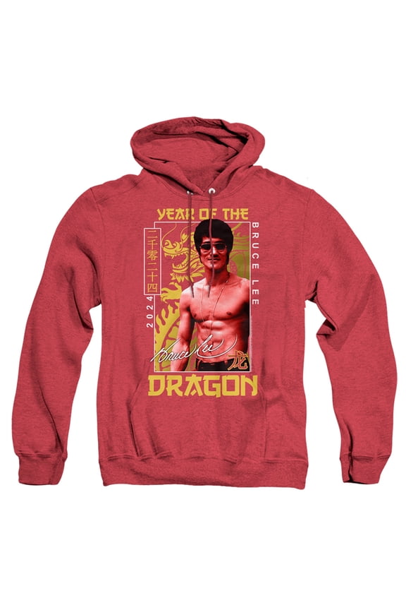 Bruce Lee Framed Year of the Dragon Unisex Adult Pull-Over Heather Hoodie ,Red, Small