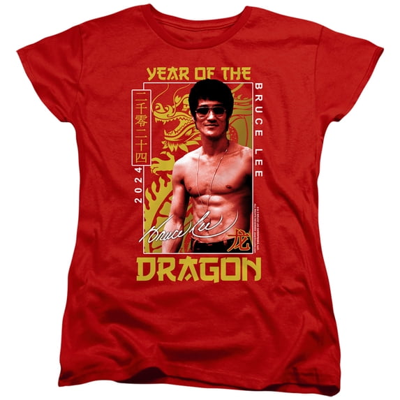 Bruce Lee Framed Year of the Dragon Women's T Shirt (Small) Red