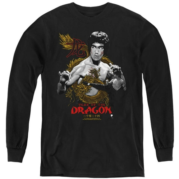 Bruce Lee Golden Year of the Dragon Kids Long Sleeve T Shirt (X-Large) for Youth Boys and Girls, Black