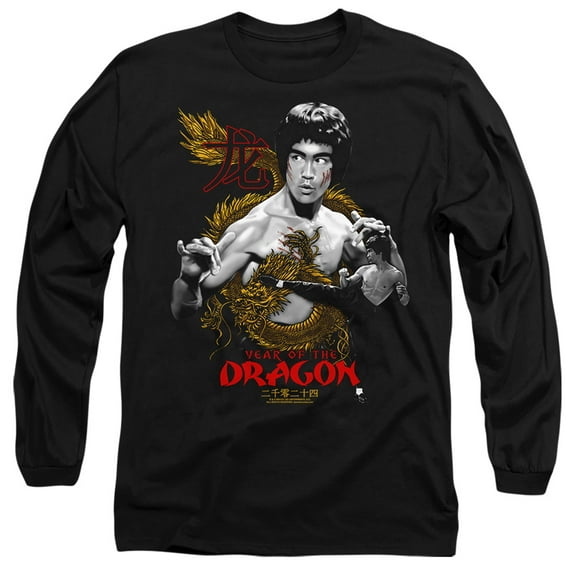 Bruce Lee Golden Year of the Dragon Unisex Adult Long-Sleeve T Shirt (Large) Black