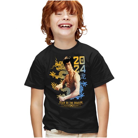 Bruce Lee Two Tone Year of the Dragon Kids T Shirt (Small) for Youth Toddler Boys and Girls, Black