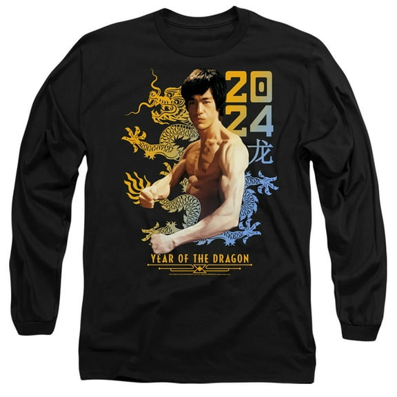 Bruce Lee Two Tone Year of the Dragon Unisex Adult Long-Sleeve T Shirt (Small) Black