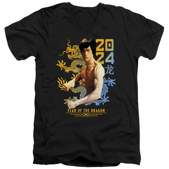 Bruce Lee Two Tone Year of the Dragon Unisex Adult V-Neck T Shirt ,Black, Medium