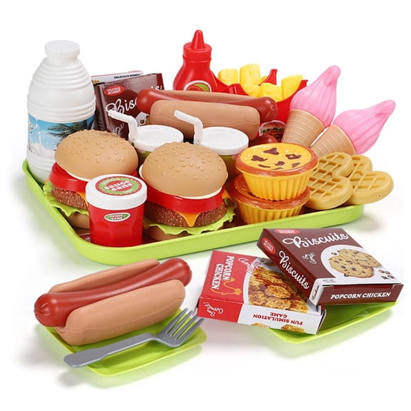 Bruce&Shark 30 Pcs Play Food Pretend Toys Kitchen Set Pretend Food Children Toy Set with Toy Food, Hamburger, Pizza and Fast Food For Kids Toddlers