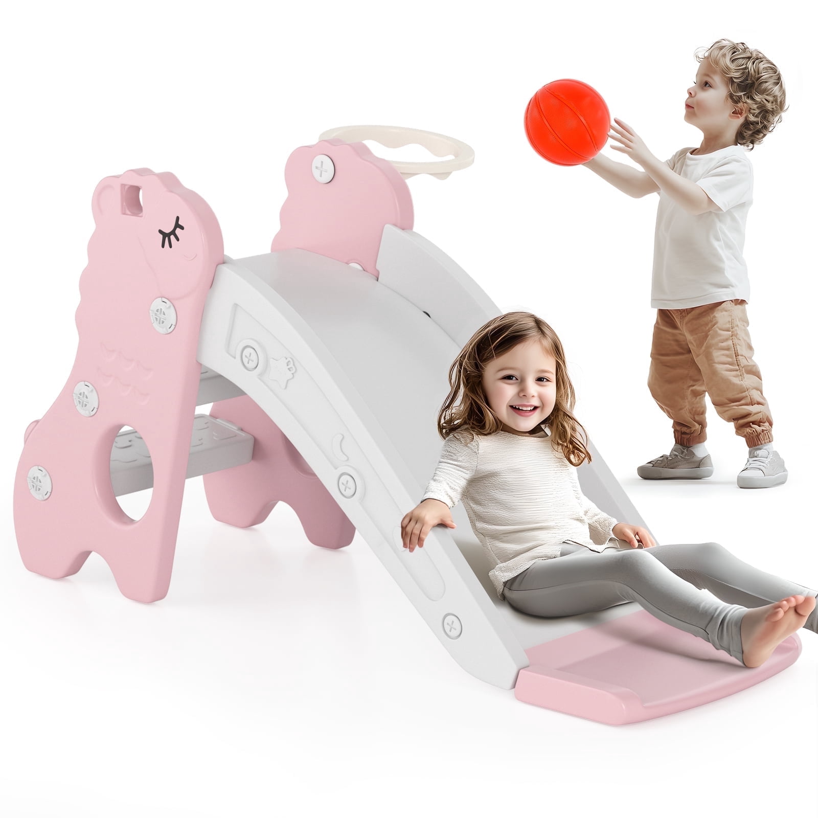 Bruce&Shark Toddler Slide, 3 in 1 Folding Baby Slide Climber Playset, Freestanding Slide with Long Slipping Slope, Basketball Hoop, Indoor and Outdoor Playground for Kids Boys & Girls Gift Present