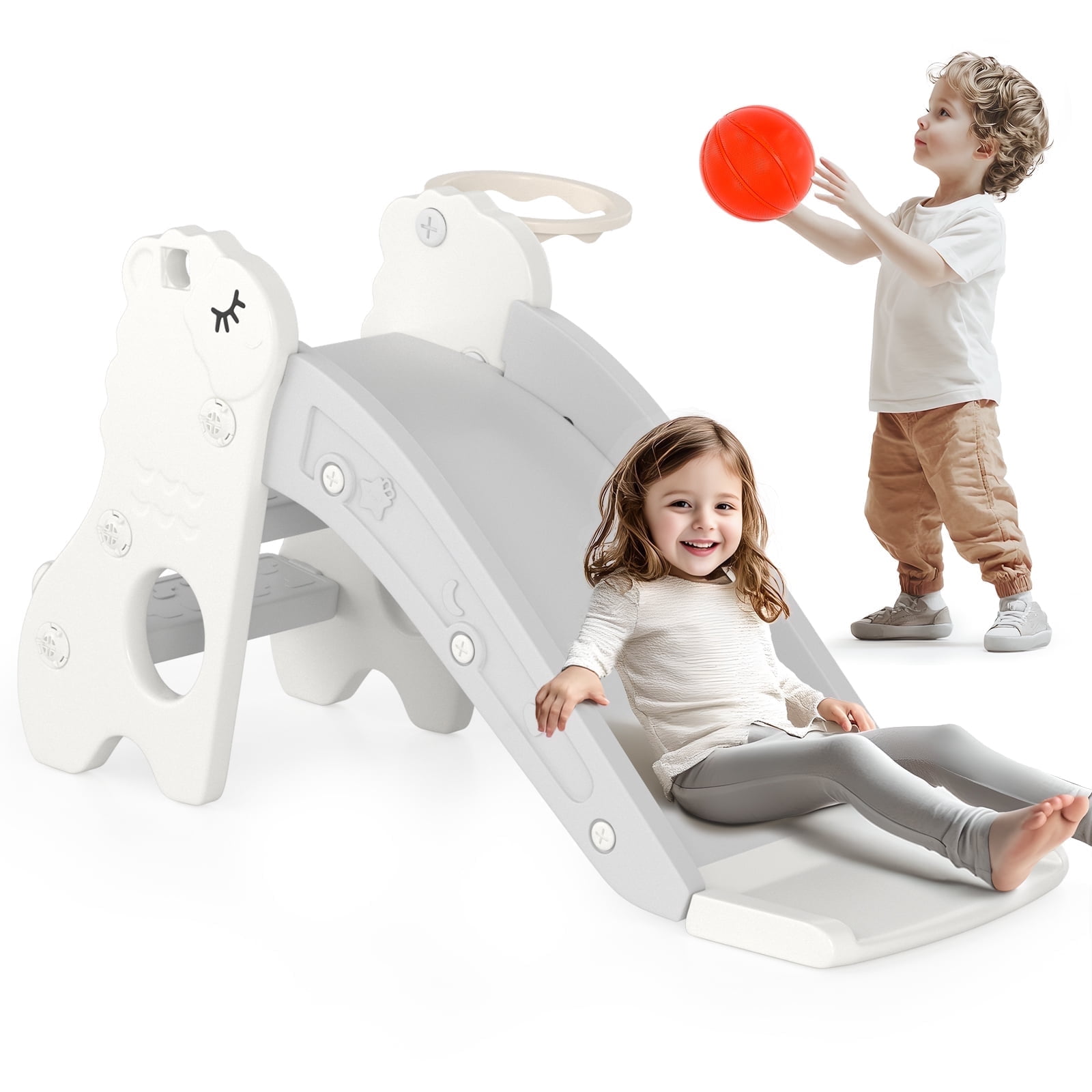 Bruce&Shark Toddler Slide, 3 in 1 Folding Baby Slide Climber Playset, Freestanding Slide with Long Slipping Slope, Basketball Hoop, Indoor and Outdoor Playground for Kids Boys & Girls Gift Present