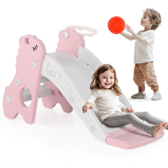 Bruce&Shark Toddler Slide, 3 in 1 Folding Baby Slide Climber Playset, Freestanding Slide with Long Slipping Slope, Basketball Hoop, Indoor and Outdoor Playground for Kids Boys & Girls Gift Present