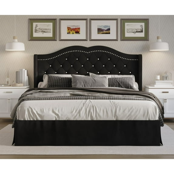 Home Design Bruce Full Tufted Upholstered Platform Bed Frame with Wingback Headboard and Nailhead Trim, Black, Easy Assembly