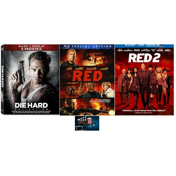 Bruce Willis 7 Movie Collection Die Hard 1-5 & Red 1-2, 7 Disc Blu Ray Set Includes Movie Set Take Glossy Print Art Card