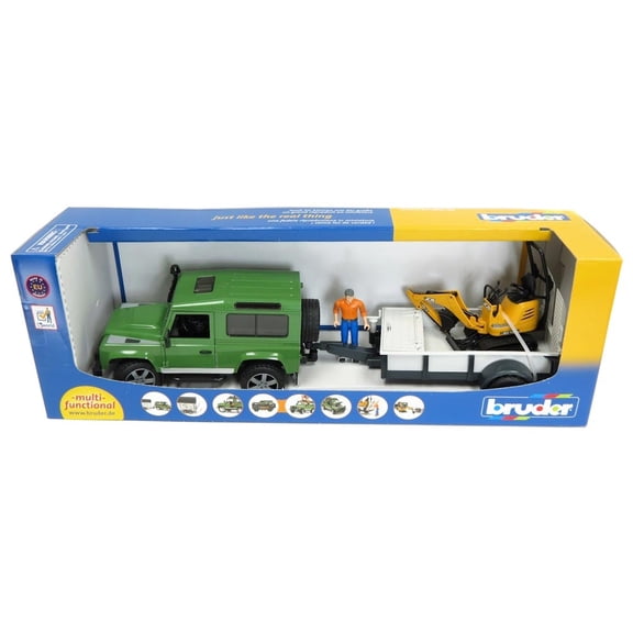 Bruder 02593 Land Rover w/ Trailer, Worker and JCB Excavator