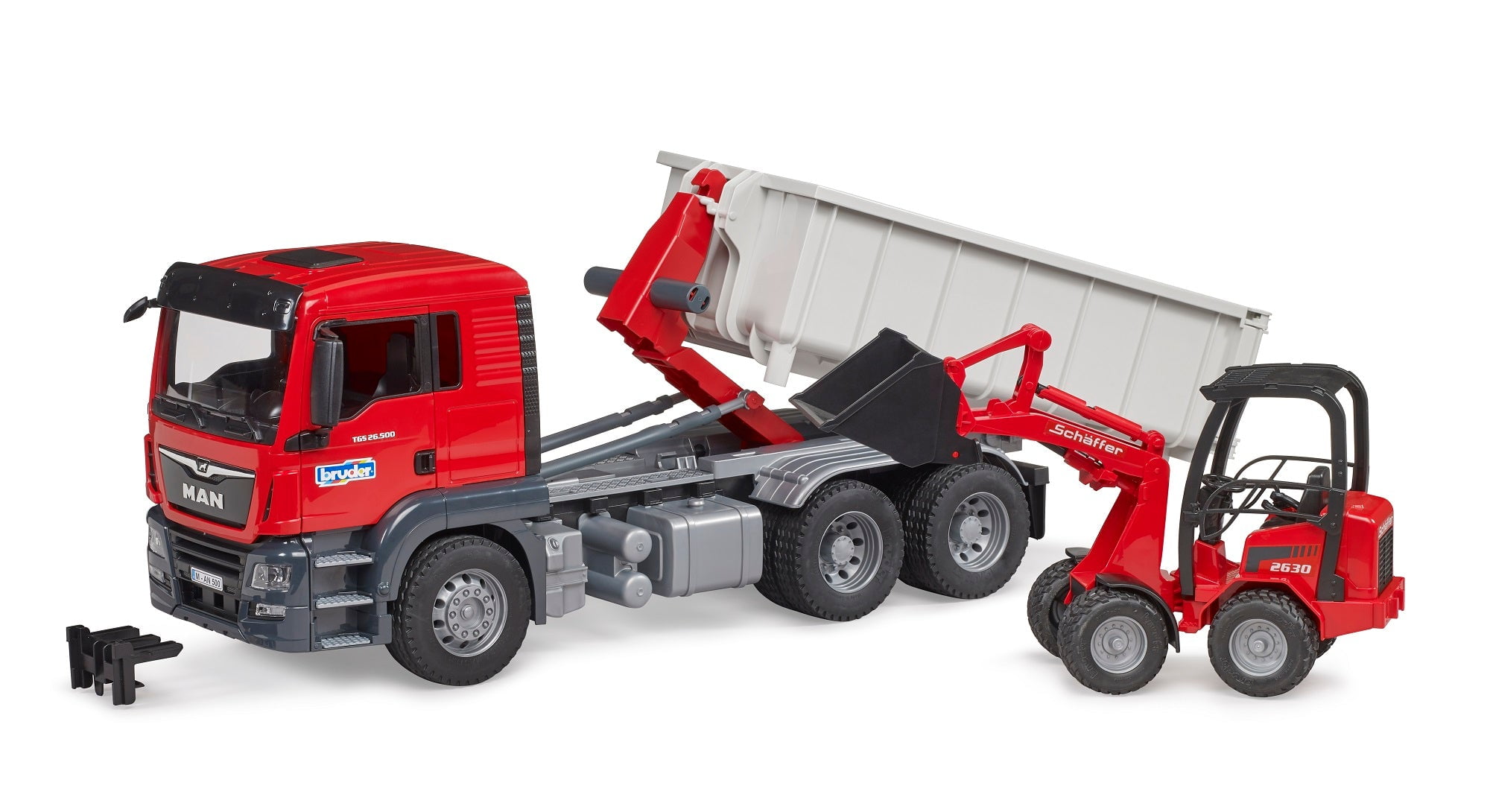 Bruder 1/16 Man TGS Truck with Roll Off Container & Schaffer Compact Loader  03767