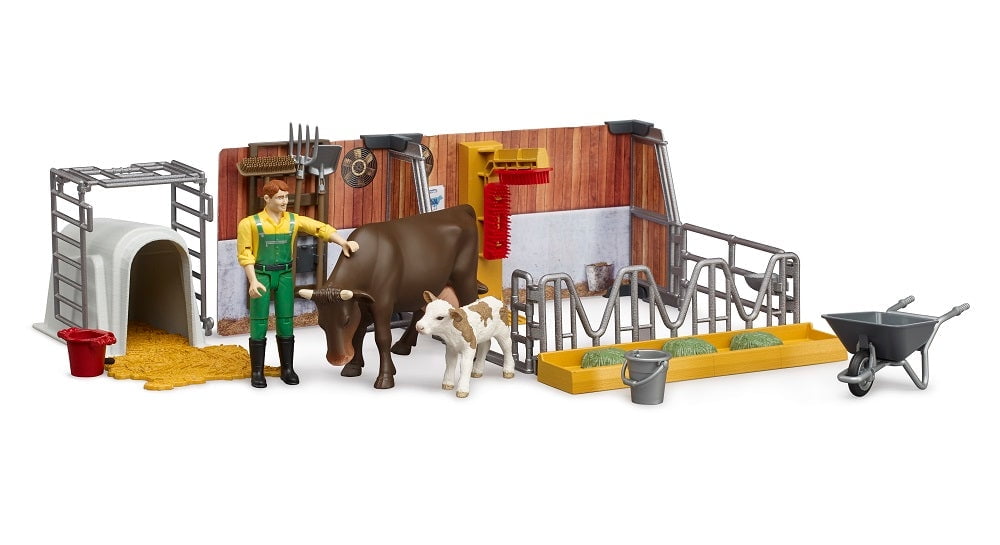 Farm Animal Playset with Cow, Calf, Farmer, and Barn Accessories