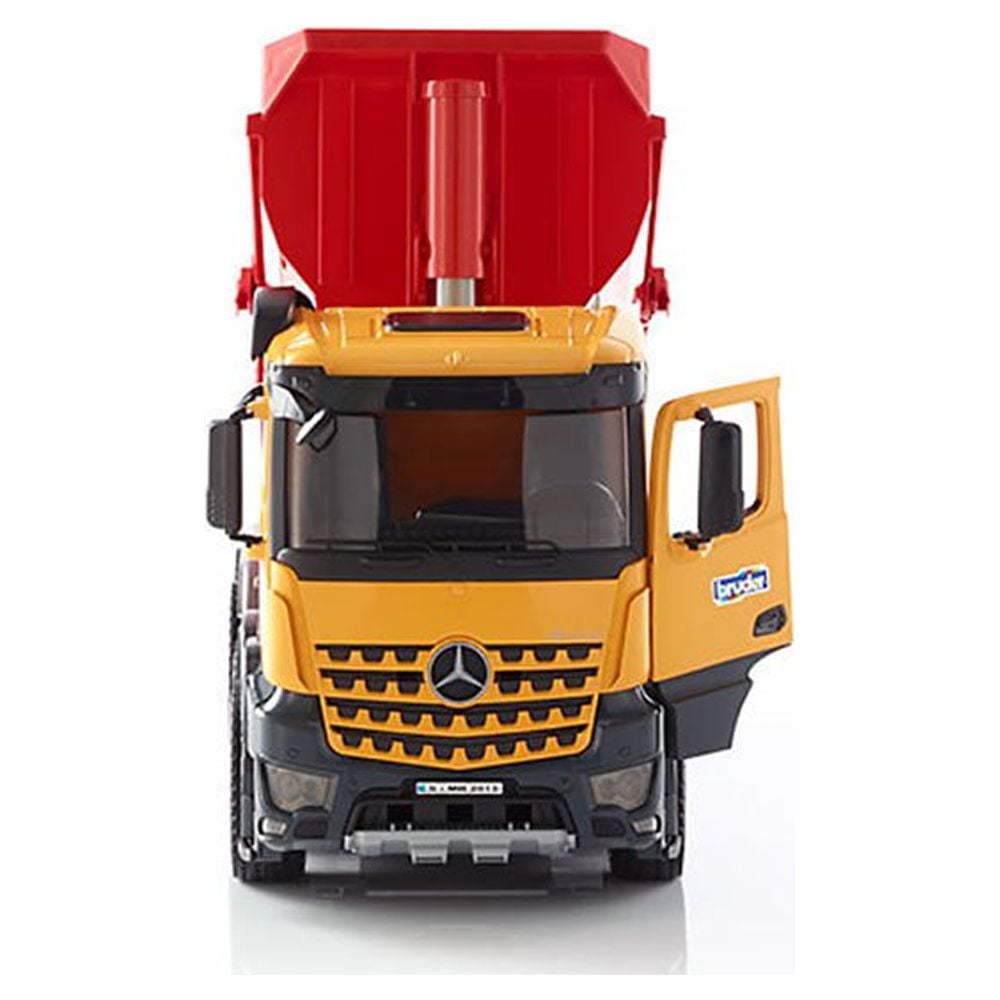 Bruder Toys Plastic MB Arocs Half Pipe Construction Dumpster Truck, Yellow  + Red