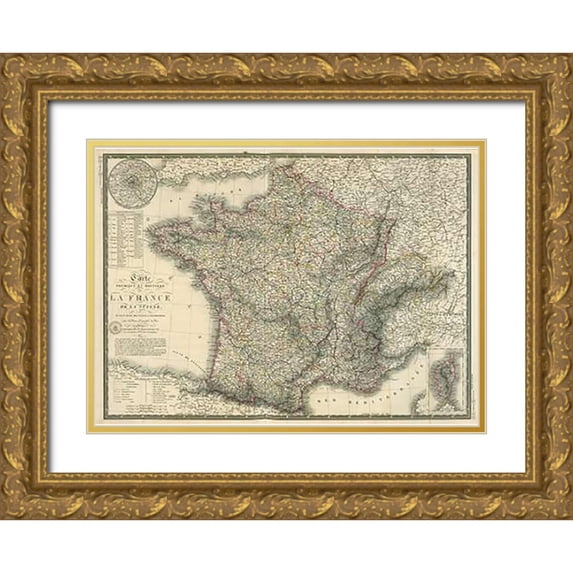 Brue, Adrien Hubert 18x14 Gold Ornate Wood Framed with Double Matting Museum Art Print Titled - Carte physique et routiere de la France, de la Suisse, 1827
