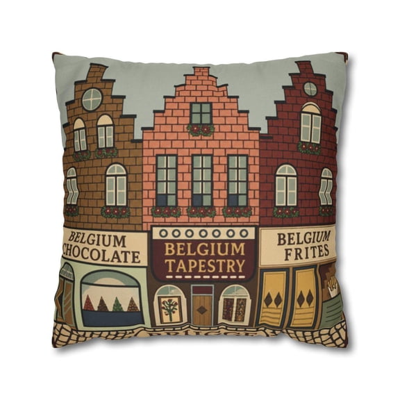 Brugge Belgium Brick Row Houses and Shopfronts, Brown Red, Polyester Velvet Throw Pillow Cover Only