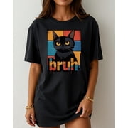 Bruh Cat Funny Meme T-Shirt with Grumpy Black Cat Face and Retro Sunset Background Perfect for Sarcastic Humor and Cat Lovers