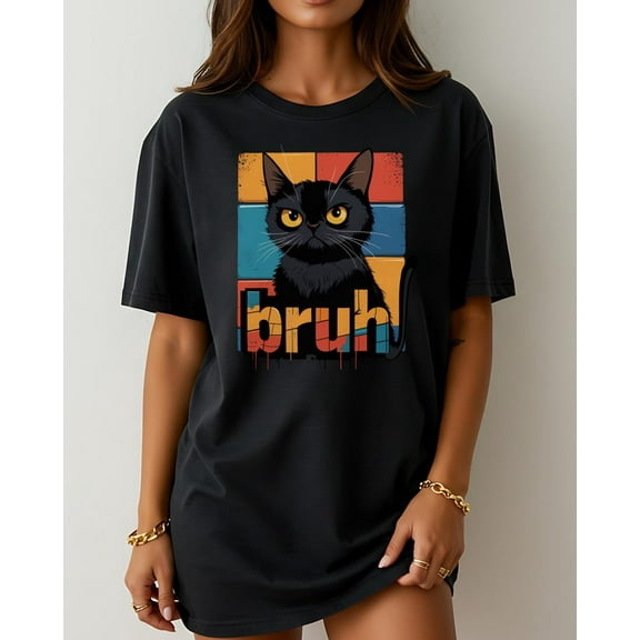 Bruh Cat Funny Meme T-Shirt with Grumpy Black Cat Face and Retro Sunset Background Perfect for Sarcastic Humor and Cat Lovers