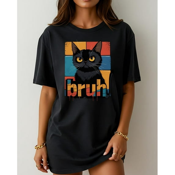 Bruh Cat Funny Meme T-Shirt with Grumpy Black Cat Face and Retro Sunset Background Perfect for Sarcastic Humor and Cat Lovers