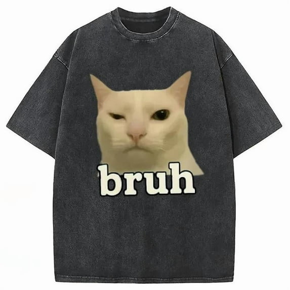 Bruh Cat Graphic Tee Vintage T-Shirt Top，Fashion Casual Short Sleeve Cotton Shirt Black S-2XL Plus Size